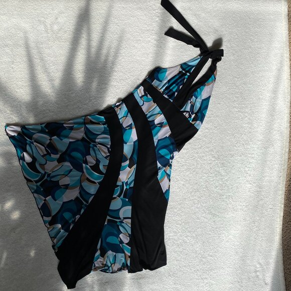 Women's Colorblock Geometric Turquoise, Black, and Tan Halter Top Dress M - Picture 3 of 15